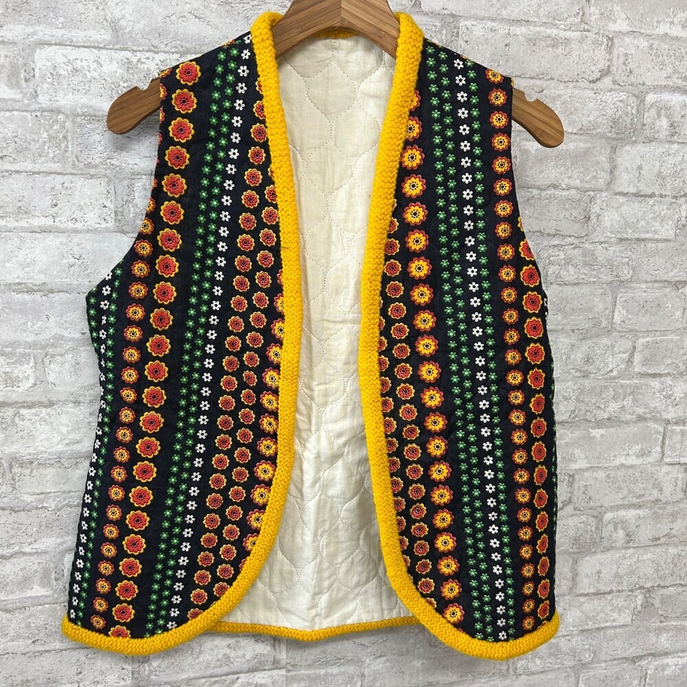 Vintage 60s 70s Quilted Vest Knitted Trim Handmade Yellow Black Green Orange M/L